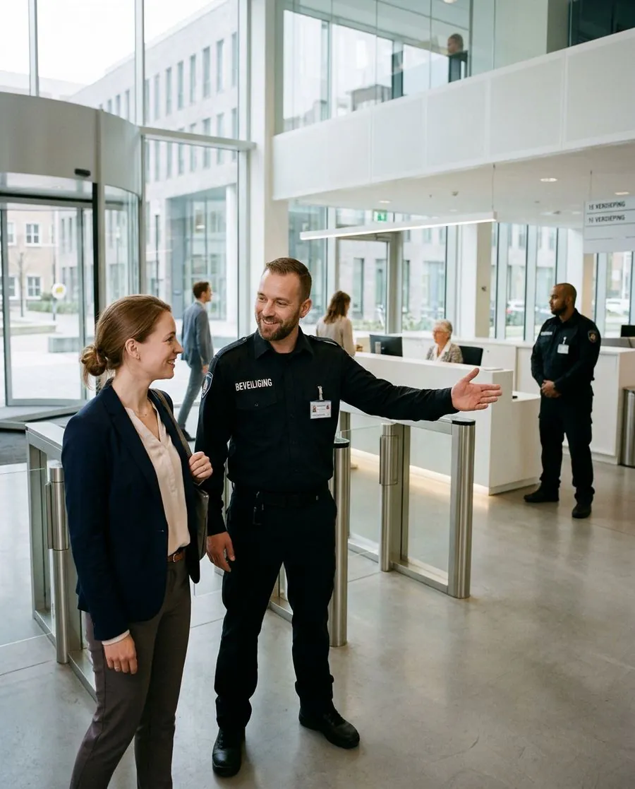 Sicherheitsmitarbeiter hilft einem Besucher am Eingang eines Bürogebäudes