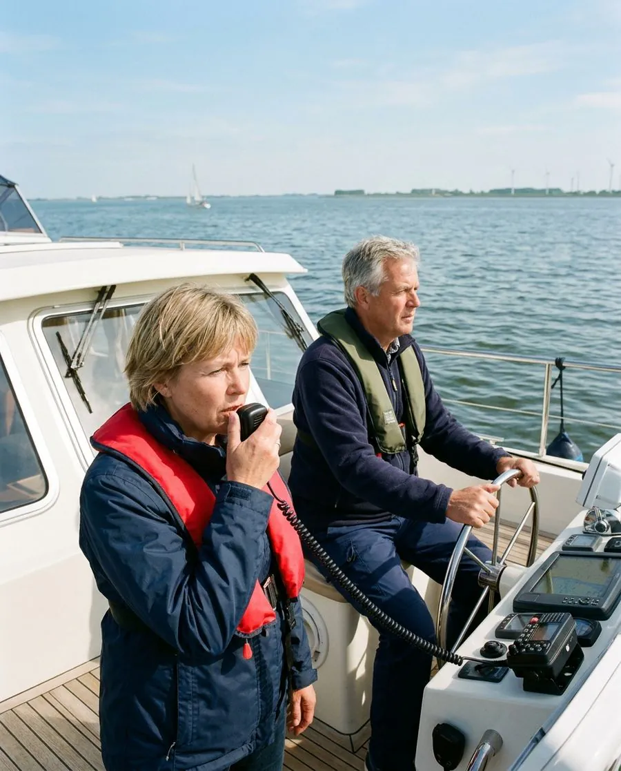 Woman using the VHF radio on board a motor yacht