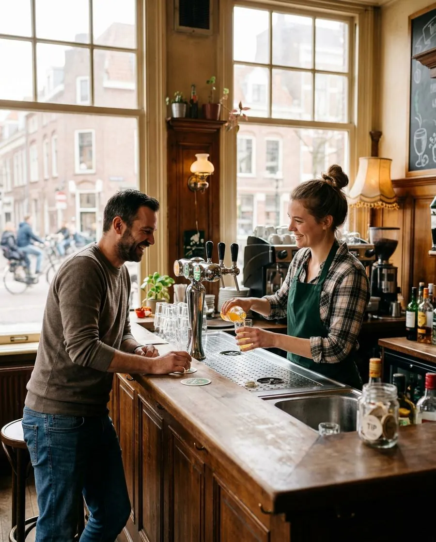 Barmitarbeiter schenkt einem Gast in einem Café ein Getränk ein